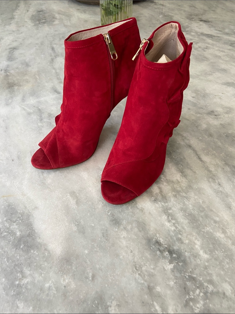 Louise et Cie Red Suede Peep-Toe Ankle Booties with Ruffle Detail